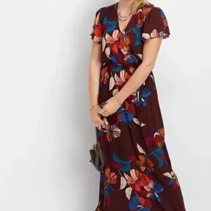 Maurices Maroon Floral Maxi Dress with Flutter Sleeves